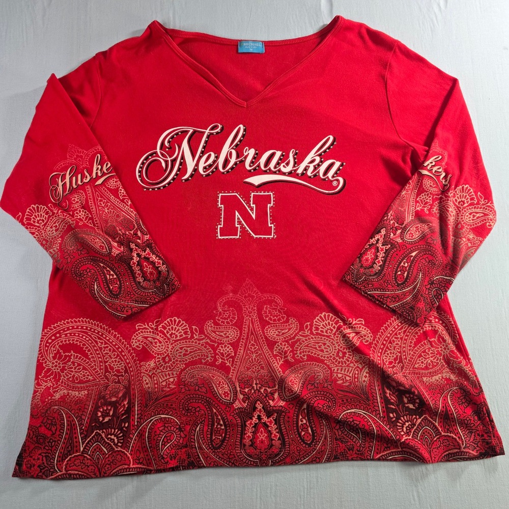 PMichaelNebraska HuskersWomens Red Paisley Rhinestone V-Neck Long Sleeve Top 1X